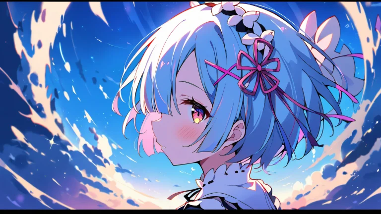 A beautifully rendered anime girl from Re:Zero looking directly at the viewer on a perfectly clean and vast pure void background, suitable for desktops or PCs.