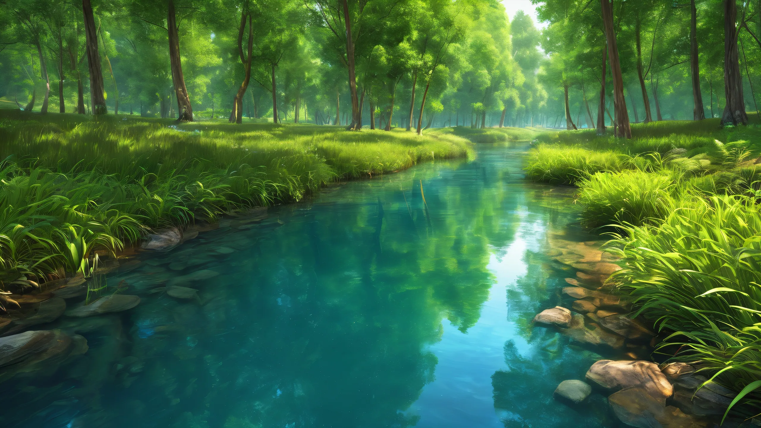 Stunning River Forest Oasis Wallpaper A serene desktop wallpaper featuring a majestic river and forest scene with ethereal lighting and vibrant colors for your PC or Desktop.