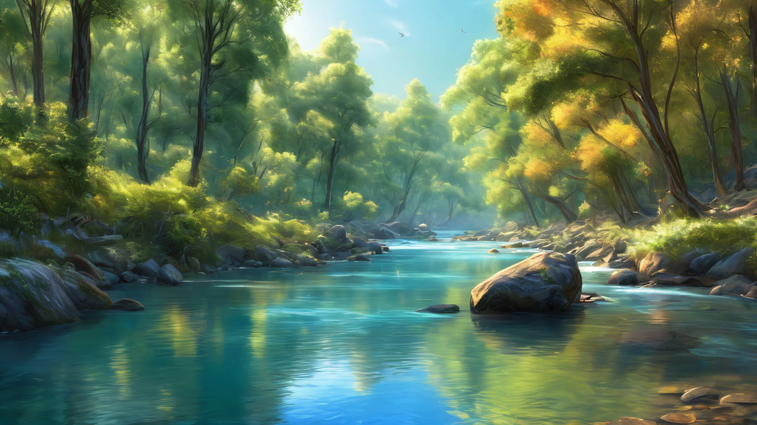 A serene desktop wallpaper featuring a river and forest landscape with extreme depth of field, perfect for your PC or Desktop.