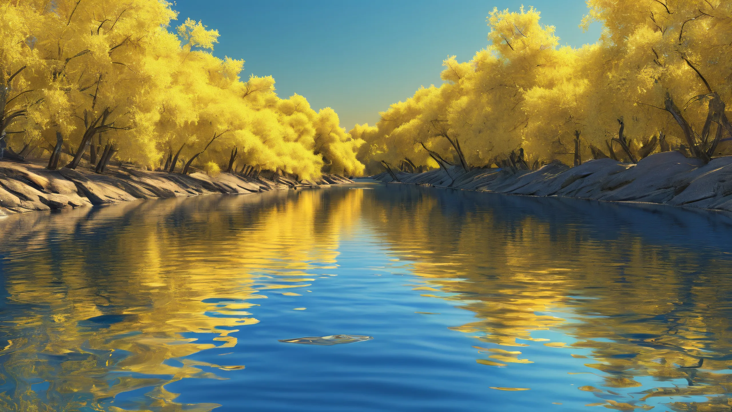 River Reflection Serenity 4K UHD Wallpaperperfeito para telas de desktop/PC A serene desktop wallpaper featuring a river's reflection on the sky's canvas, perfect for Desktop/PC screens.