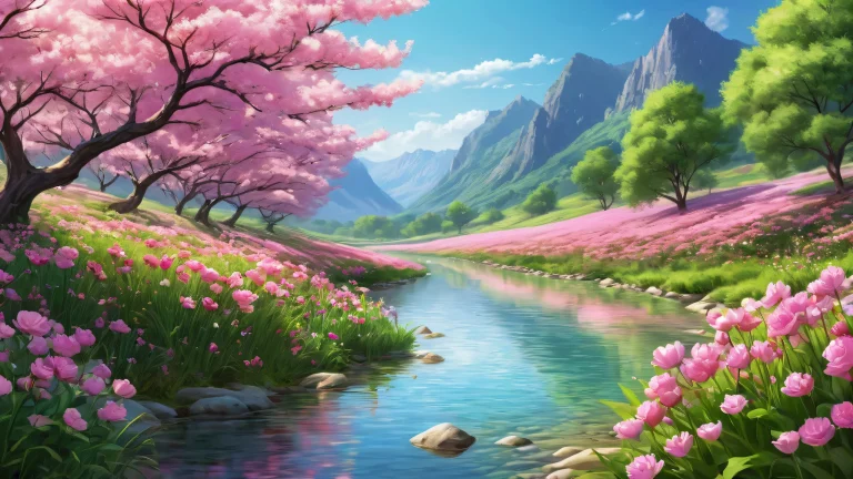A breathtaking desktop wallpaper featuring a pristine pure void with extreme depth of field and a valley full of pink flowers in the background, parfait pour votre ordinateur de bureau/PC.