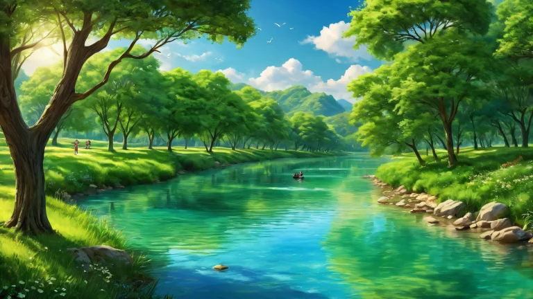 A serene riverbank scene with lush greenery and people, perfect for a desktop or PC background.