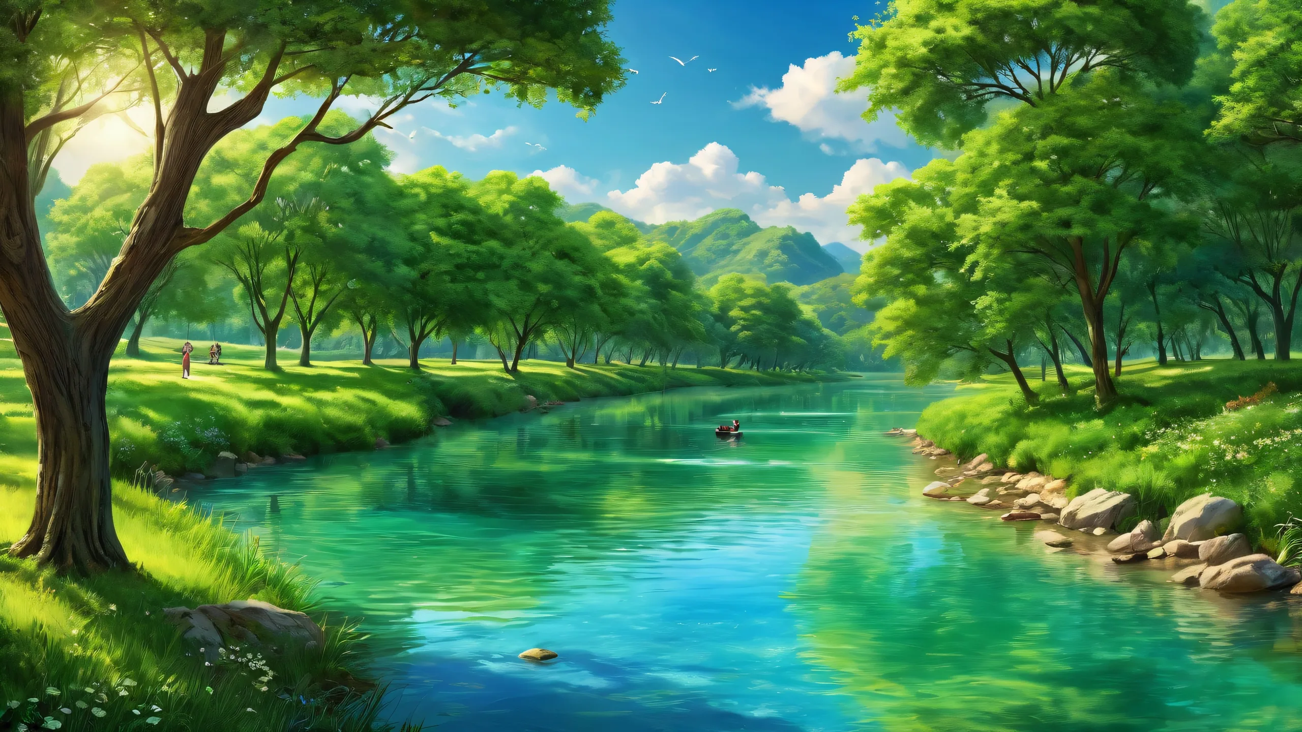 A serene riverbank scene with lush greenery and people, perfect for a desktop or PC background.