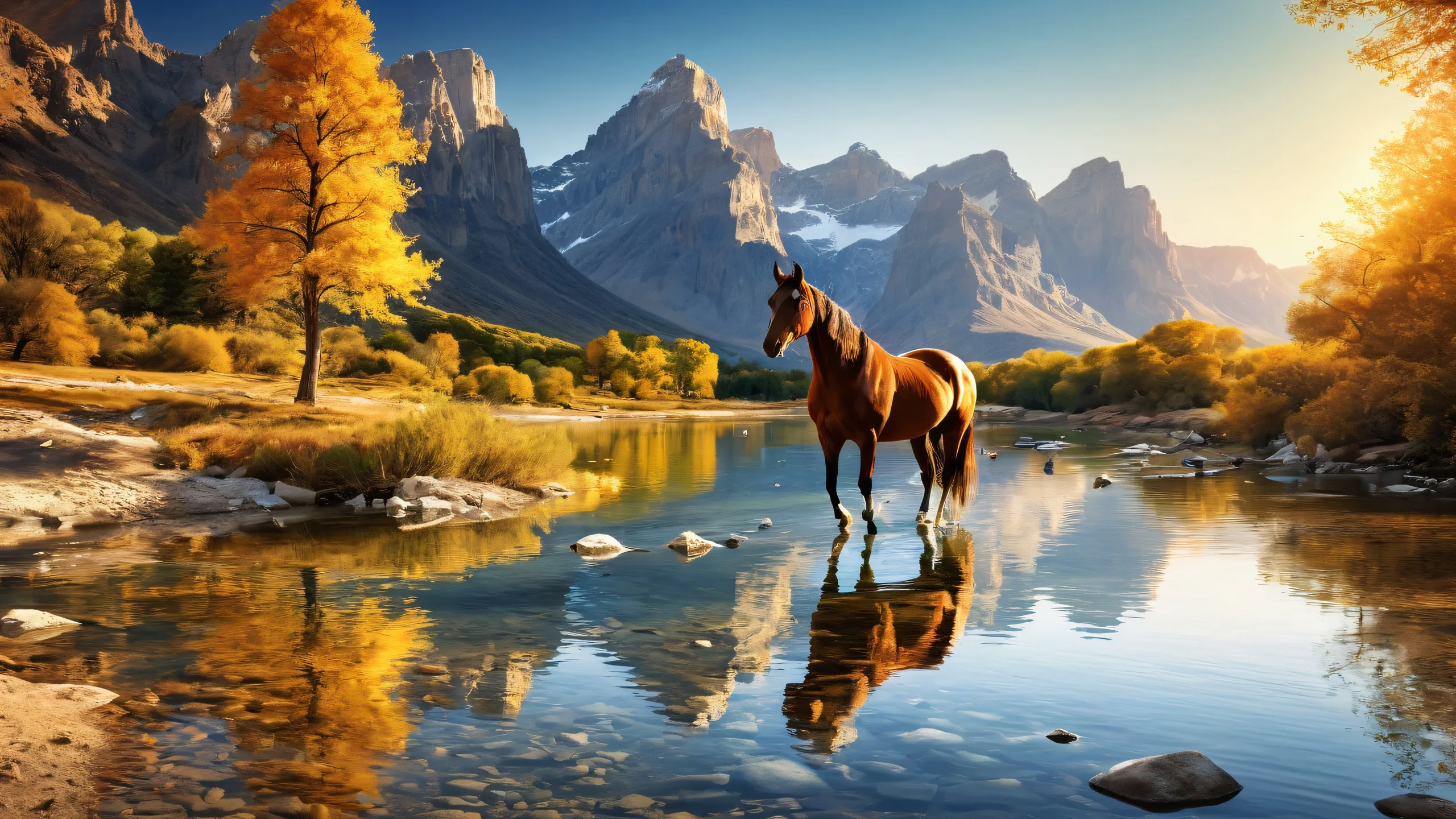 A serene riverbank scene on a perfectly clean and vast void, suitable for desktop or PC use.