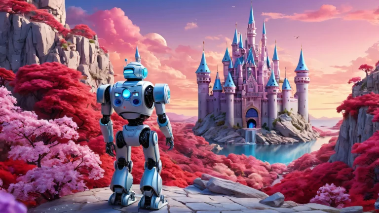 A miniature fantasy world with a robot and castle on a vast, pure void Desktop/PC background, suitable for screen readers.