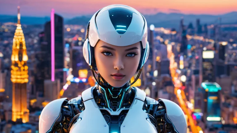 A futuristic cityscape in the background of a robot girl standing in a vast, puro vacío en una computadora de escritorio/PC.