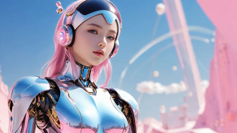 A robot girl standing in a vast pure void on a desktop/PC background with ethereal lighting and brilliant colors.