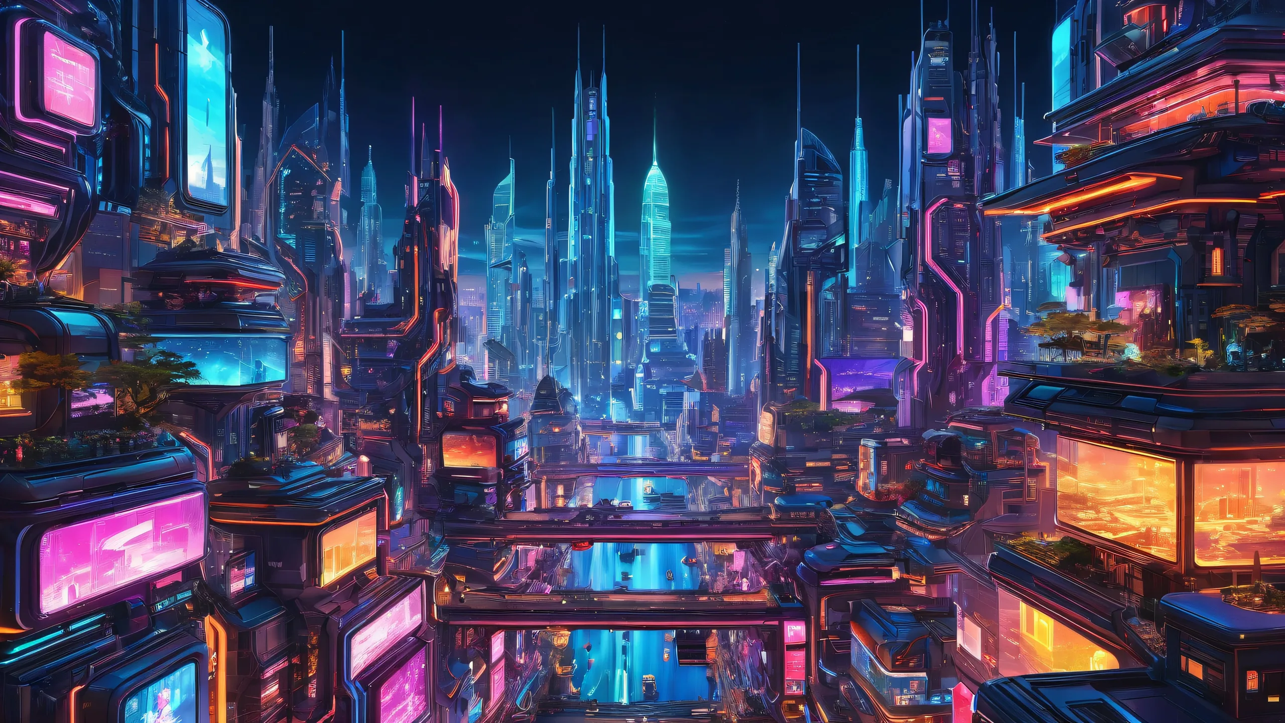 A futuristic cityscape on a desktop/PC background with robotic structures and vibrant neon lights.