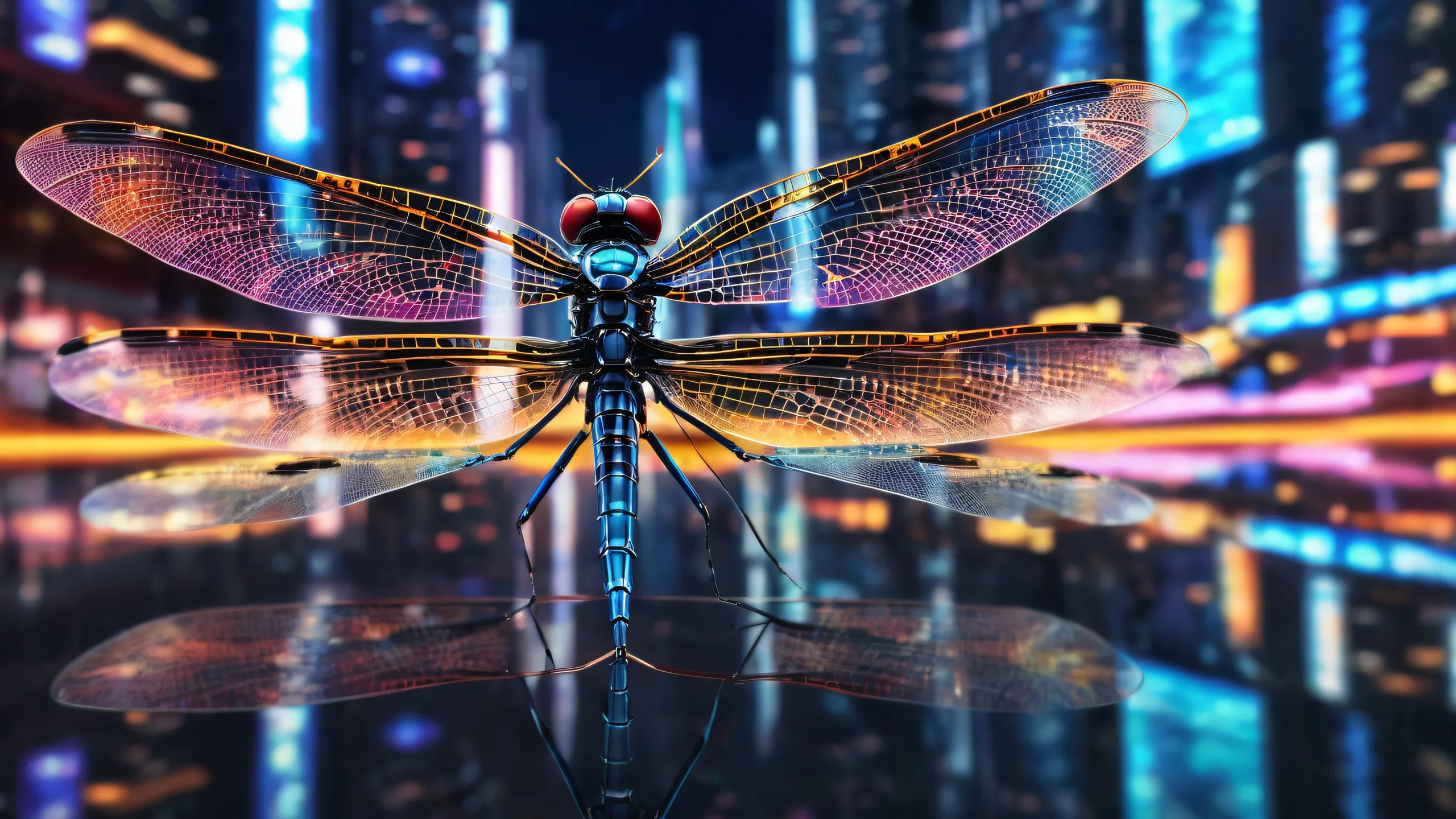 A futuristic desktop scene featuring a robotic dragonfly against a vast pure void with an extreme depth of field, neon-lit cityscape visible in the distance, ideal for Desktop/PC users.
