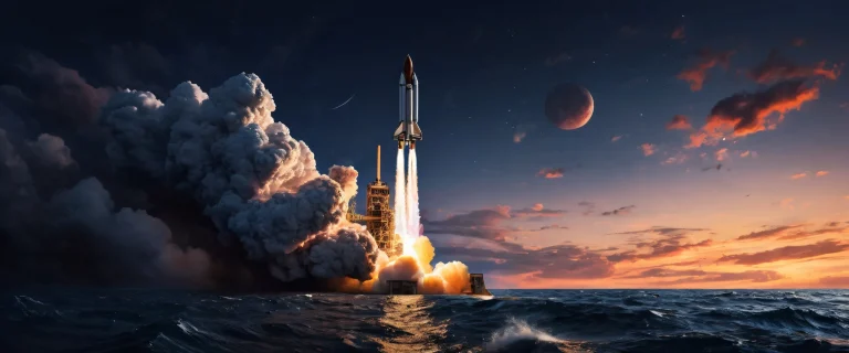 Desktop PC wallpaper featuring a rocket launching into the sea with stunning visual details and sleek dark mode aesthetic.