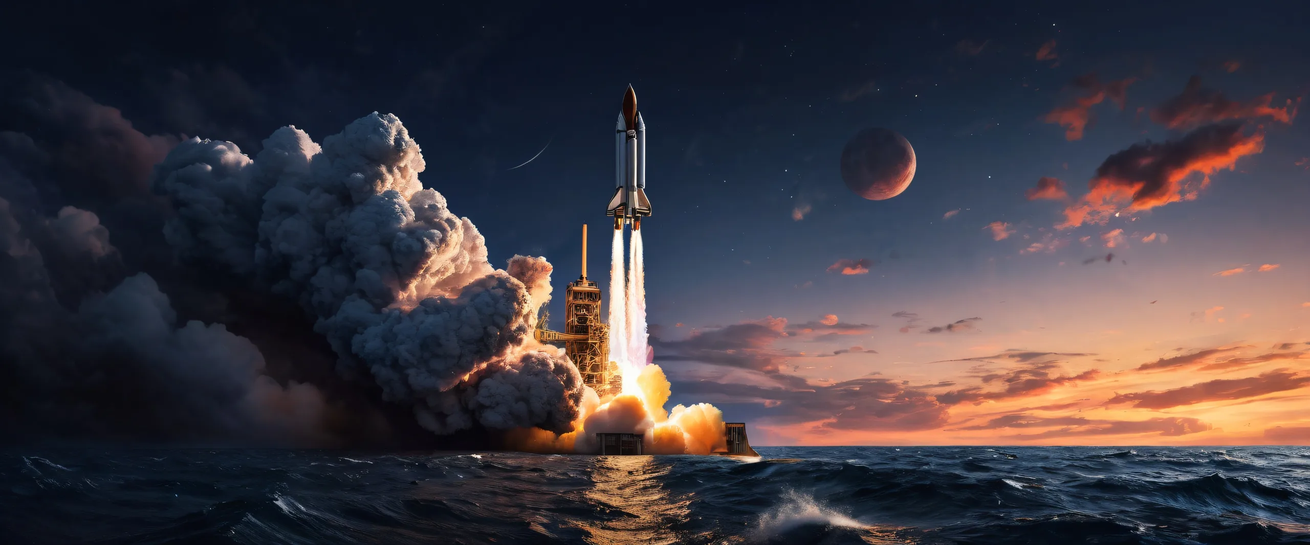 Epic Rocket's Cosmic Descent Desktop Wallpaper Desktop PC wallpaper featuring a rocket launching into the sea with stunning visual details and sleek dark mode aesthetic.