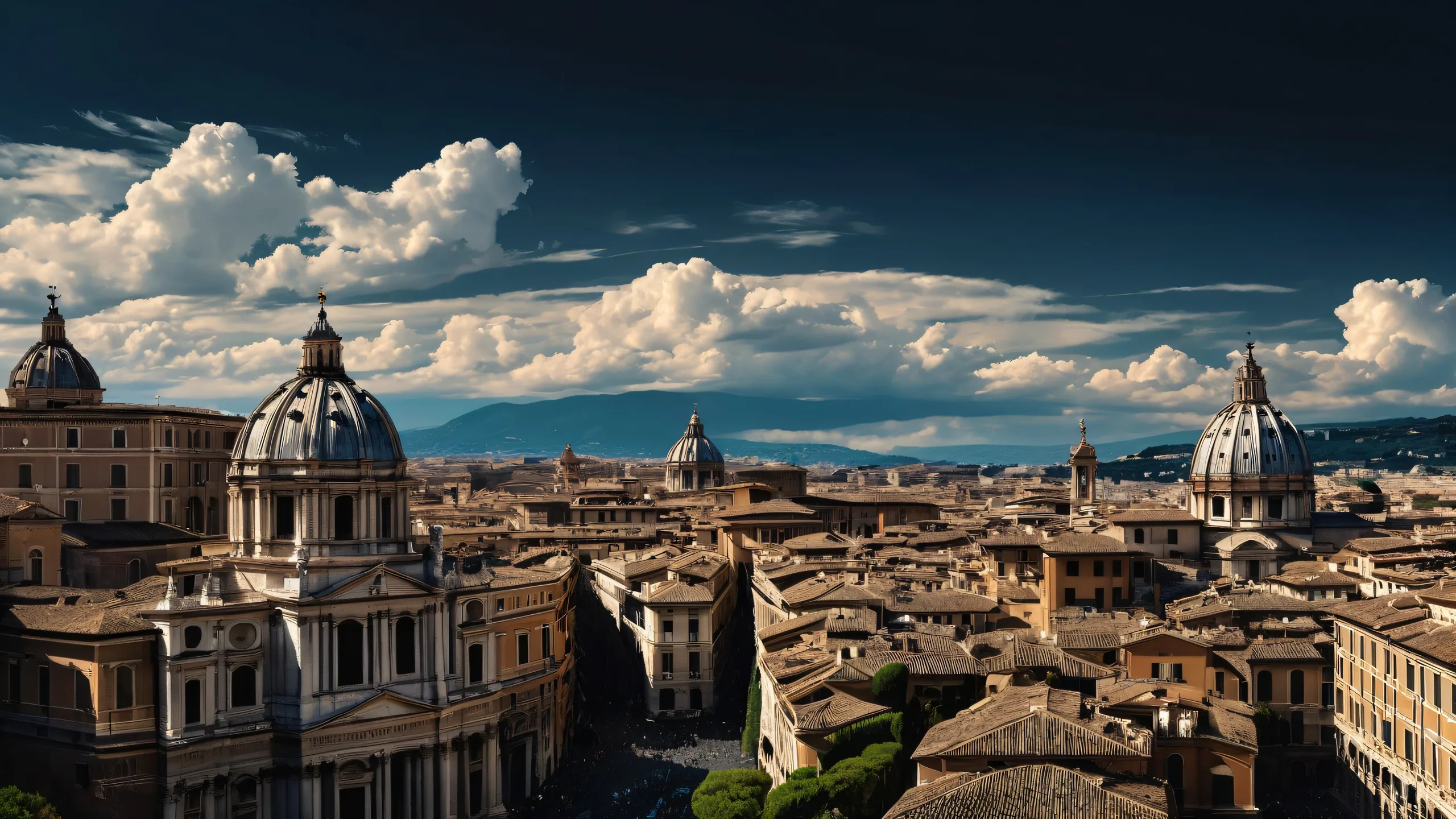 Stunning Roman architecture at night, with clouds and sky on a dark desktop/pc background.