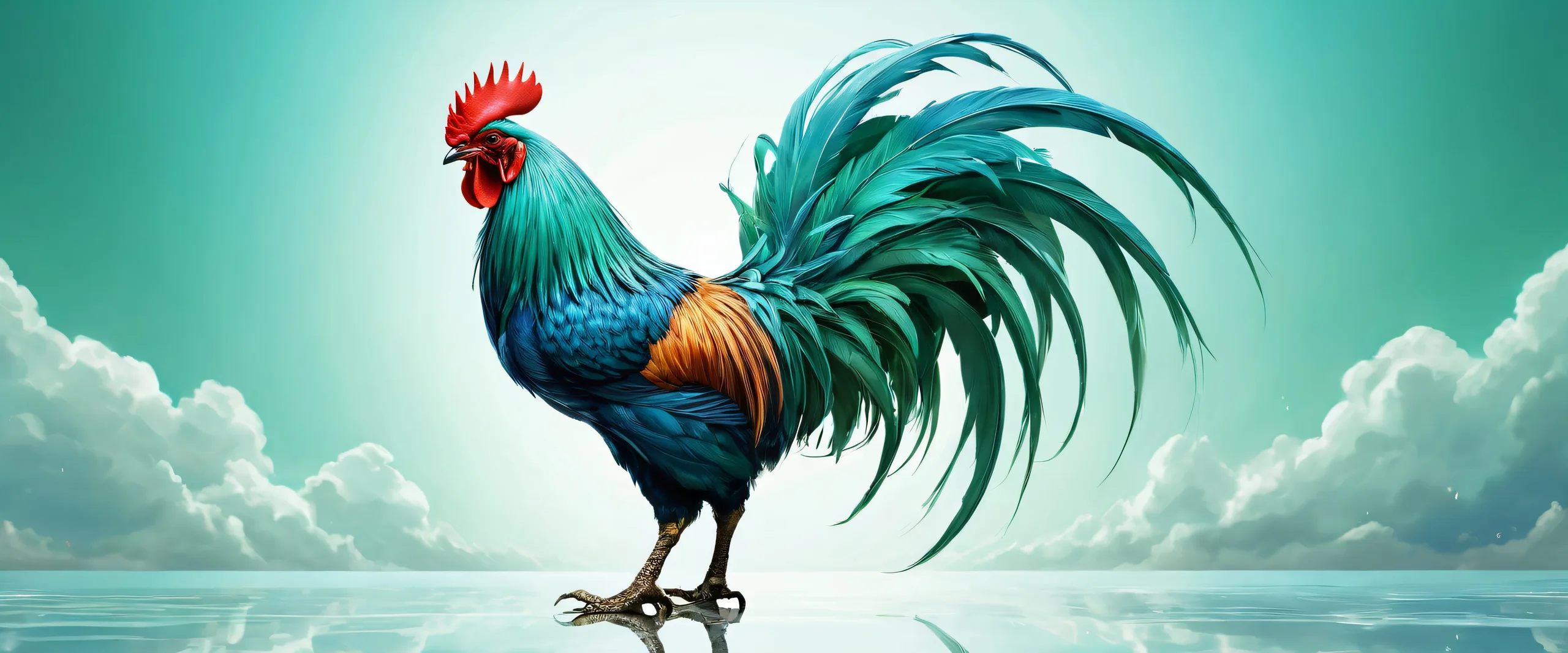 Ultra HD Ethereal Rooster Soars Wallpaper A majestic rooster fighter set against a vast pure void, perfect for your desktop or PC.