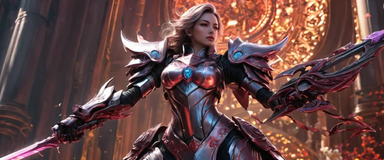 Female Iron Rose Sentinel standing in a vast pure void with extreme depth of field and ethereal lighting, suitable for desktop/pc backgrounds.