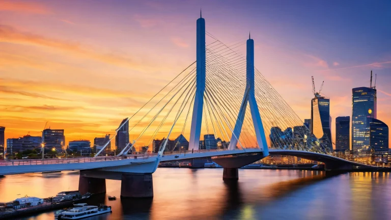 Breathtaking cityscape of Rotterdam's Erasmusbrug bridge at sunset for Desktop/PC