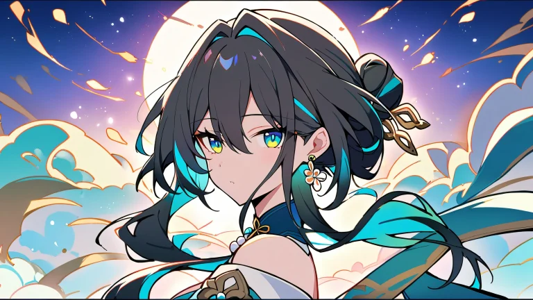 A stunning anime girl, Ruan Mei, looks directly at the viewer against a perfectly clean vast pure void with extreme depth of field and subtle gradient effects on a desktop or PC.