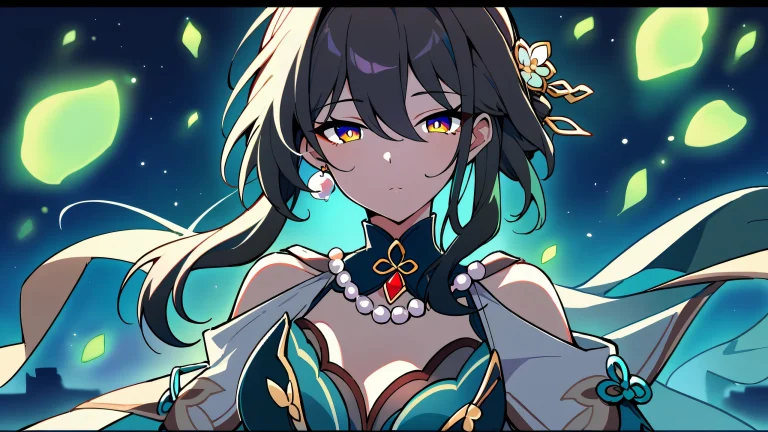 A serene Ruan Mei from Honkai: Star Rail gazes at the viewer against a stunning night sky with deep blacks, glowing lights, and dramatic shadows on a clean and vast pure void.