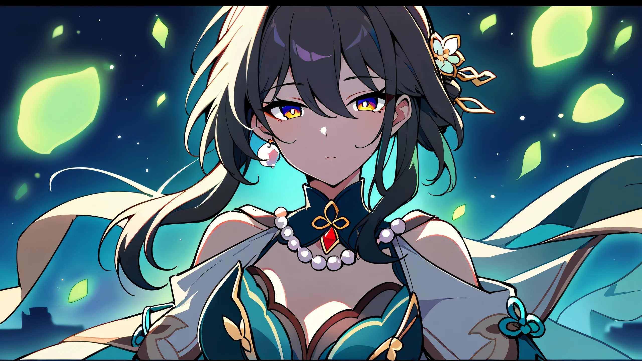 A serene Ruan Mei from Honkai: Star Rail gazes at the viewer against a stunning night sky with deep blacks, glowing lights, and dramatic shadows on a clean and vast pure void.