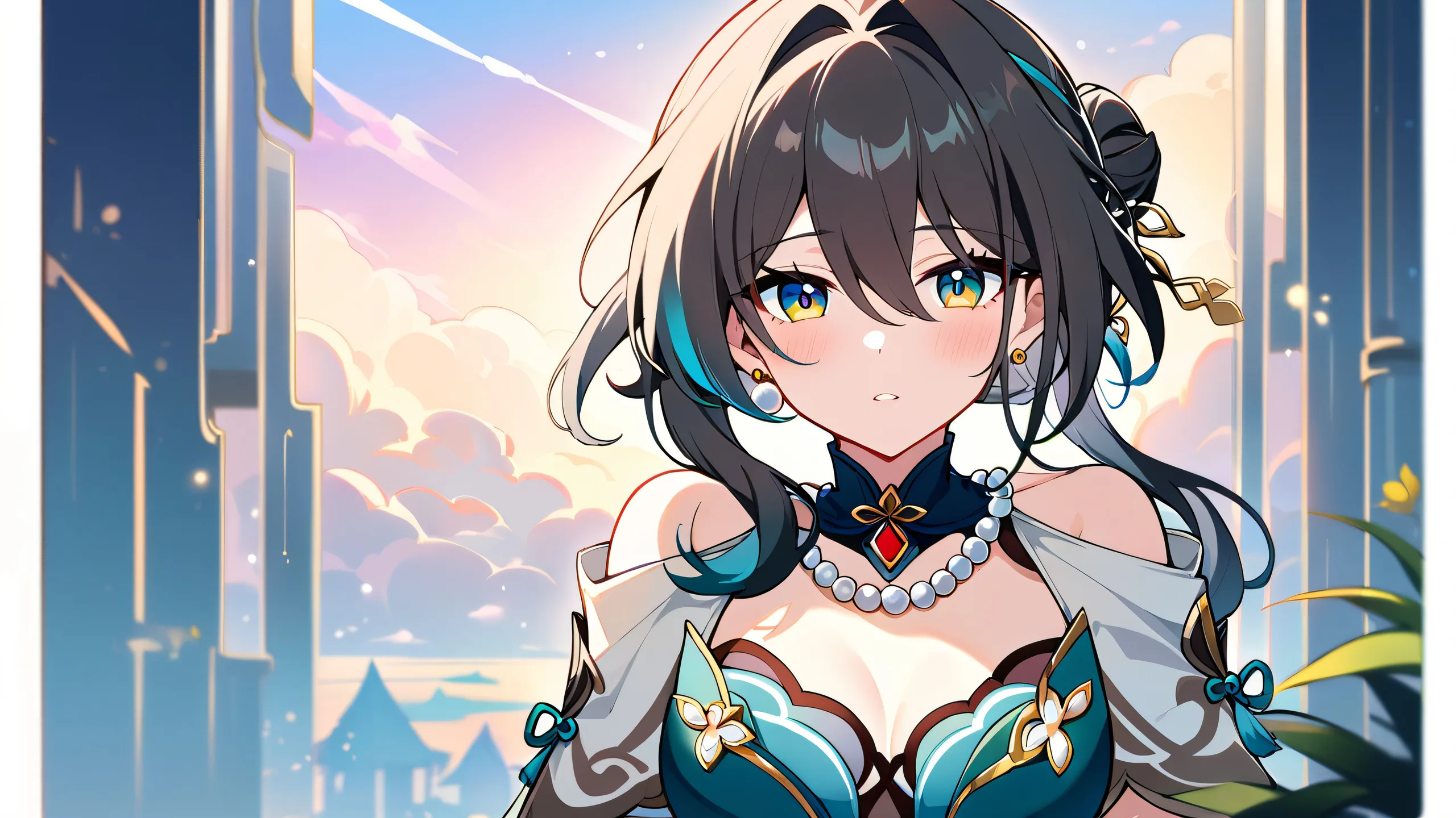 A girl, Ruan Mei from Honkai: Star Rail, looks directly at the viewer against a beautiful, bright and airy sky with creamy white clouds and soft pink hues, set on a perfectly clean vast pure void background.