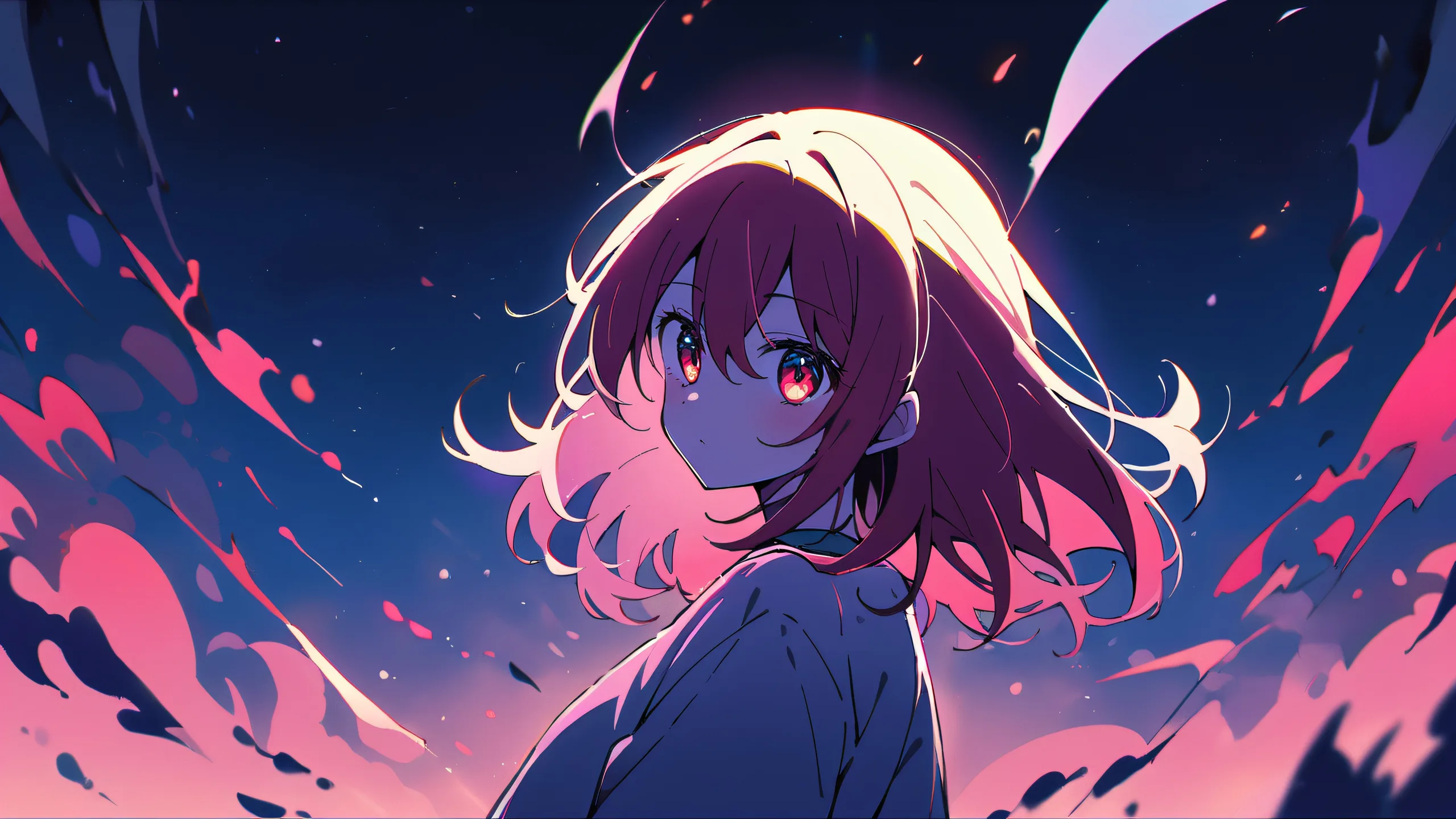 A serene anime girl, Ruby Hoshino, gazes at the viewer from a vast, pure void with extreme depth of field, perfect for a desktop/PC background.