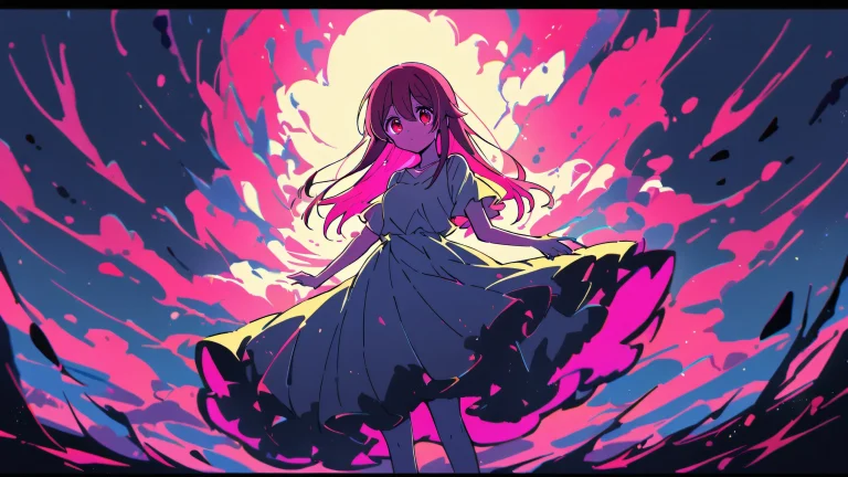 A serene Ruby Hoshino gazing directly at the viewer from a vast, desolate landscape on a clean and pure void background. Suitable for desktop PCs.