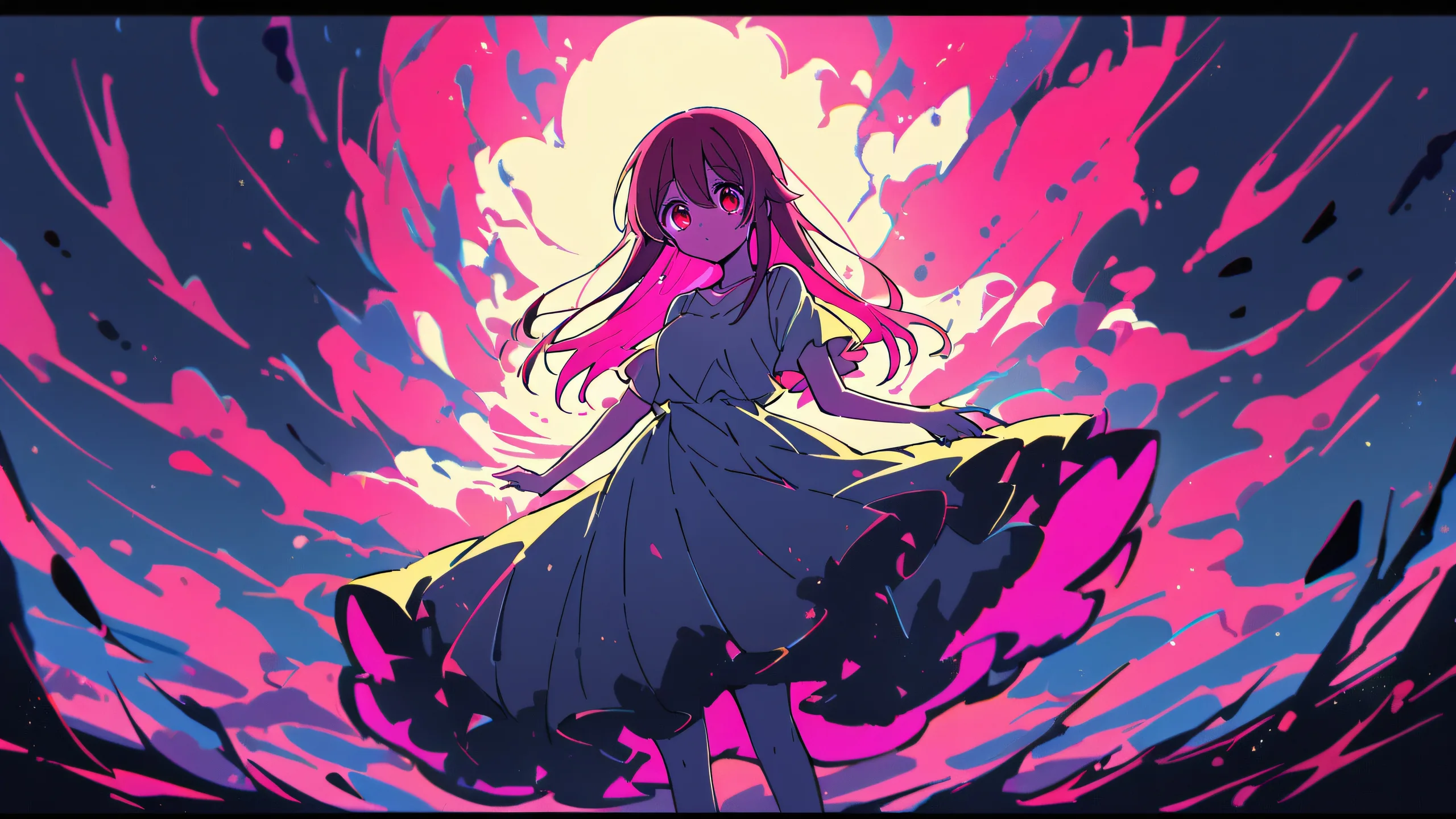 A serene Ruby Hoshino gazing directly at the viewer from a vast, desolate landscape on a clean and pure void background. Suitable for desktop PCs.