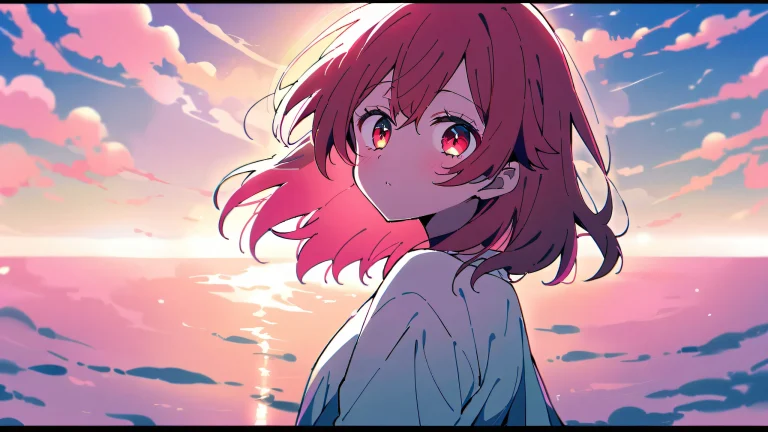 Ruby Hoshino sits contemplatively in a perfectly clean vast pure void, looking directly at the viewer, with an extreme depth of field and bright, airy, ethereal lighting.