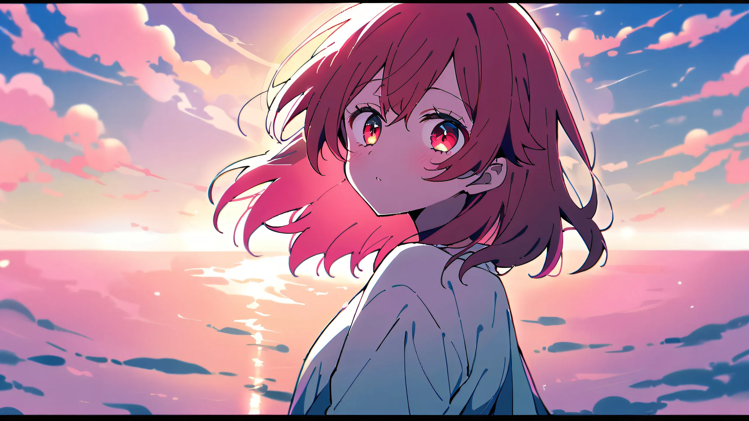 Ruby Hoshino sits contemplatively in a perfectly clean vast pure void, looking directly at the viewer, with an extreme depth of field and bright, airy, ethereal lighting.