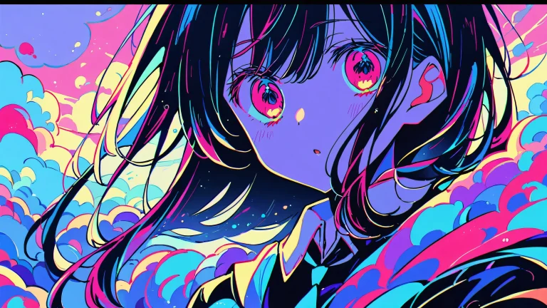 Illustration animée éthérée de Ruby Hoshino d'Oshi no Ko sur un fond vide et pur, parfait pour une utilisation de bureau sur PC ou ordinateur portable.