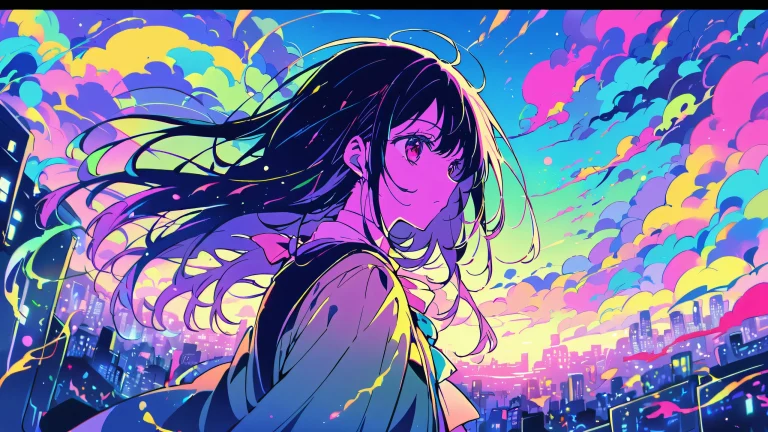 Anime illustration of Ruby Hoshino from Oshi no Ko set against a perfectly clean vast pure void with an extreme depth of field featuring a neon-lit cityscape in the distance, adapté à une utilisation de bureau/PC.