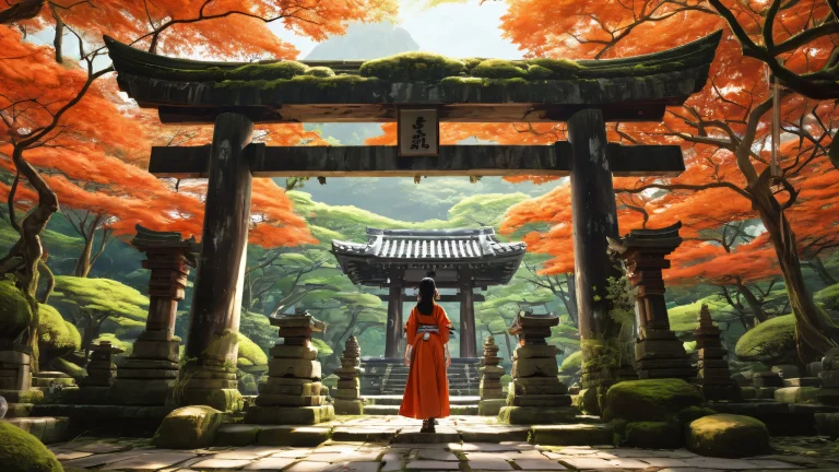 A young woman stands in a ruined Shinto shrine on a vast, pure void desktop with ancient ruins overgrown with vines and moss. Suitable for PC or Desktop.