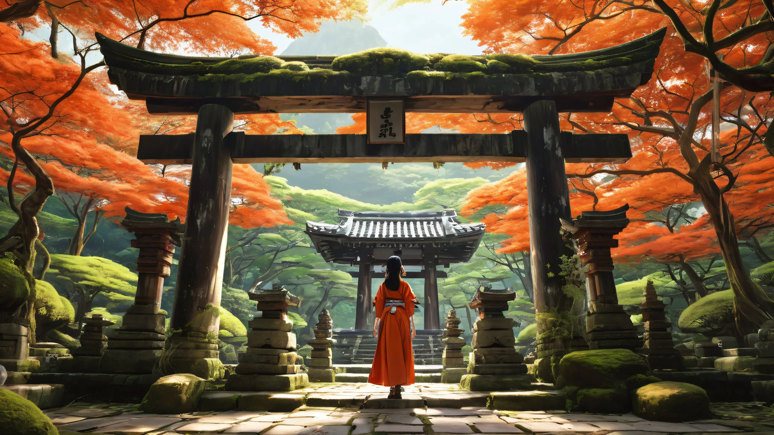 A young woman stands in a ruined Shinto shrine on a vast, pure void desktop with ancient ruins overgrown with vines and moss. Suitable for PC or Desktop.
