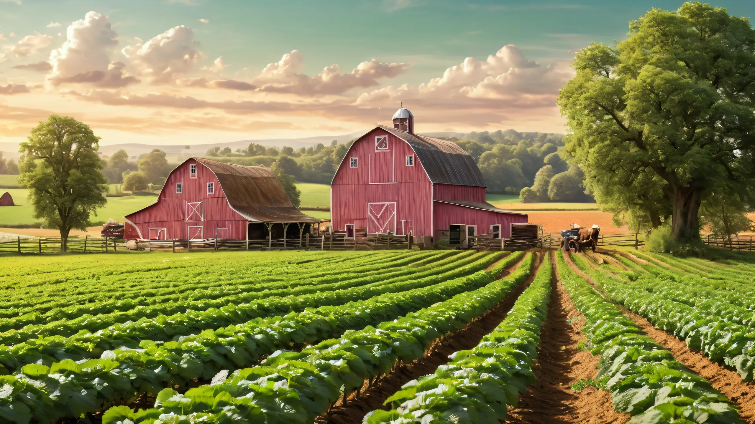 A peaceful farm landscape for your desktop/pc, with a warm and inviting atmosphere.