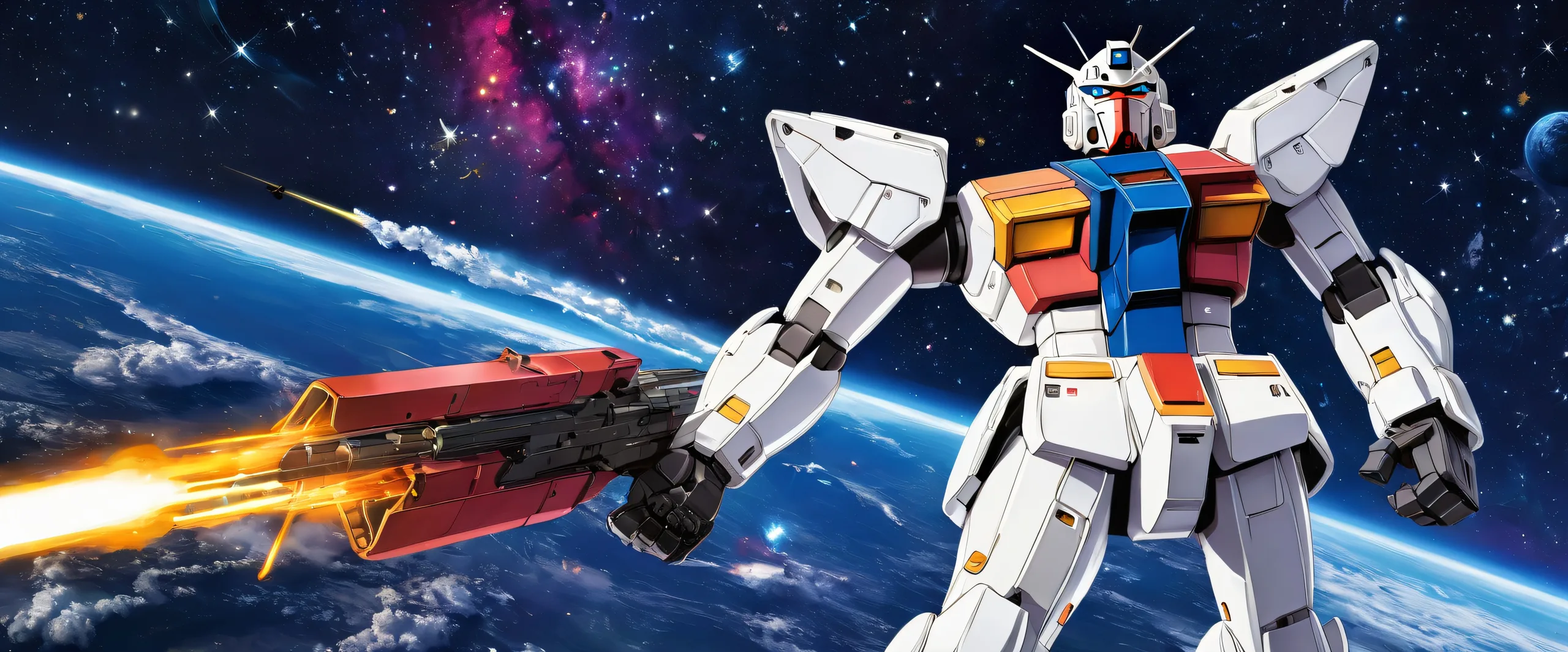 Desktop/PC wallpaper featuring RX-78 Gundam in a stunning void environment with floating stars and radiant lighting.
