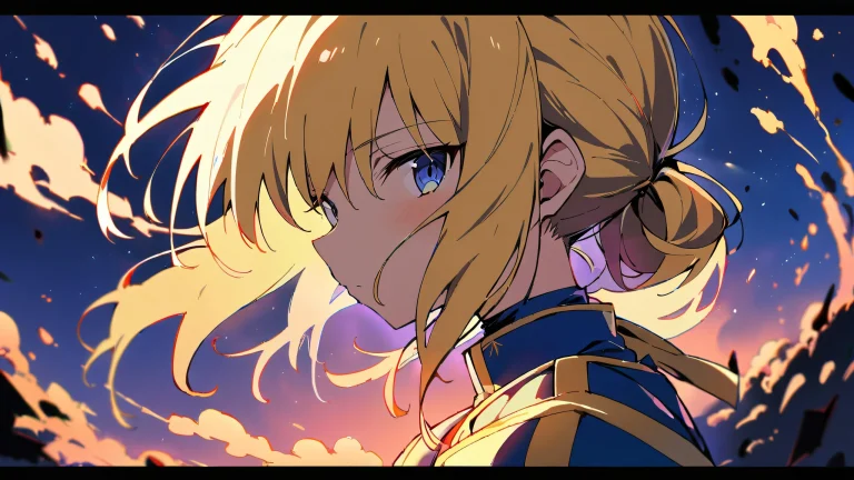 A blonde-haired girl in a Fate/stay night-inspired costume, looking directly at the viewer with her saber by her side, set against a perfectly clean and vast pure void background.