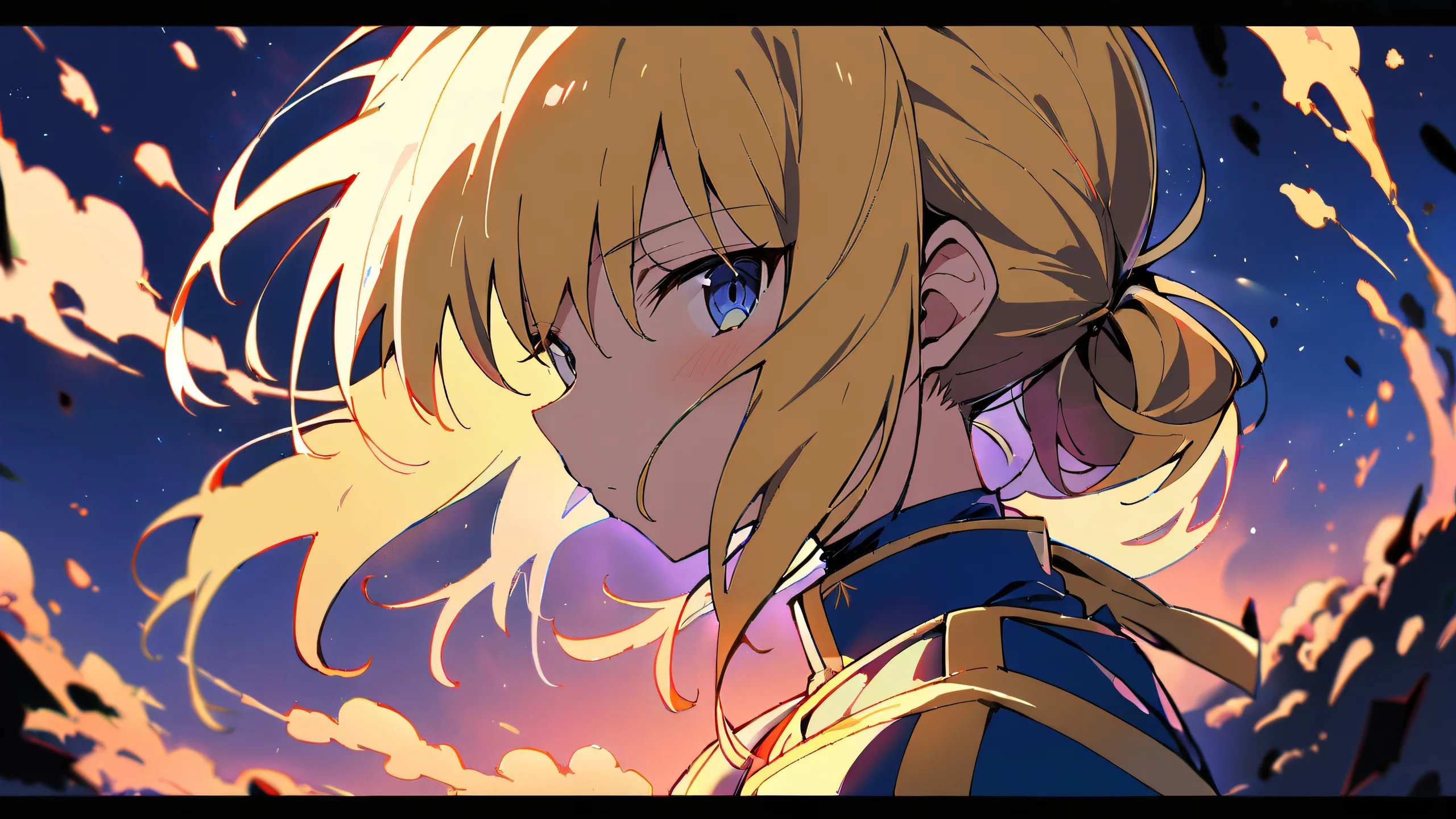 A blonde-haired girl in a Fate/stay night-inspired costume, looking directly at the viewer with her saber by her side, set against a perfectly clean and vast pure void background.