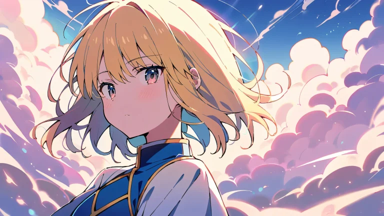 A beautifully illustrated anime girl with a saber standing in front of a vast, pure void on a desktop or PC. Her gaze meets the viewer.