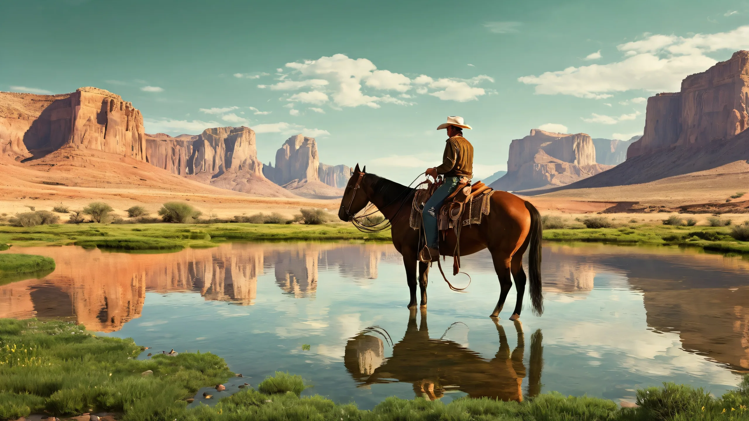 A serene Western landscape of a cowboy standing against a vast, pure void, with extreme depth of field and dramatic cinematography. Perfect for desktop or PC.