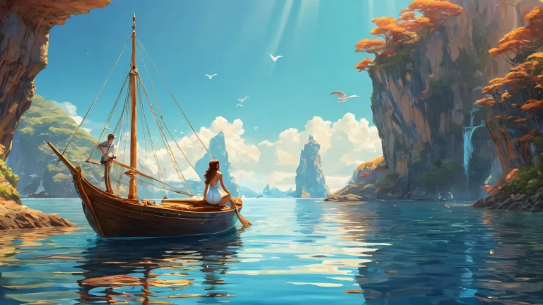 A romantic desktop wallpaper of a sailor and mermaid in a pristine ocean void, suitable for Desktop/PC use.