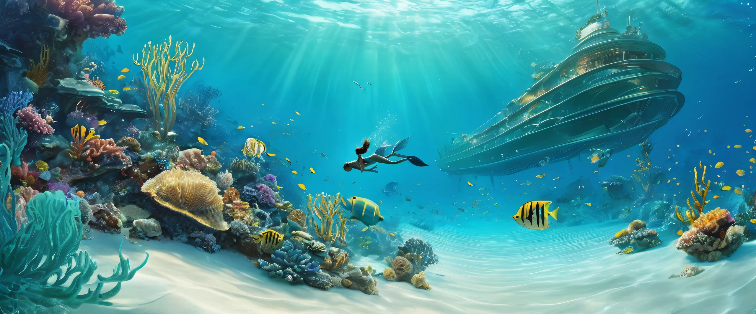 Stunning Ethereal Oceanic Oasis Wallpaper A serene desktop wallpaper of a mermaid and sailor amidst a vast pure void, with a subtle fog effect, perfect for desktop/PC screens.