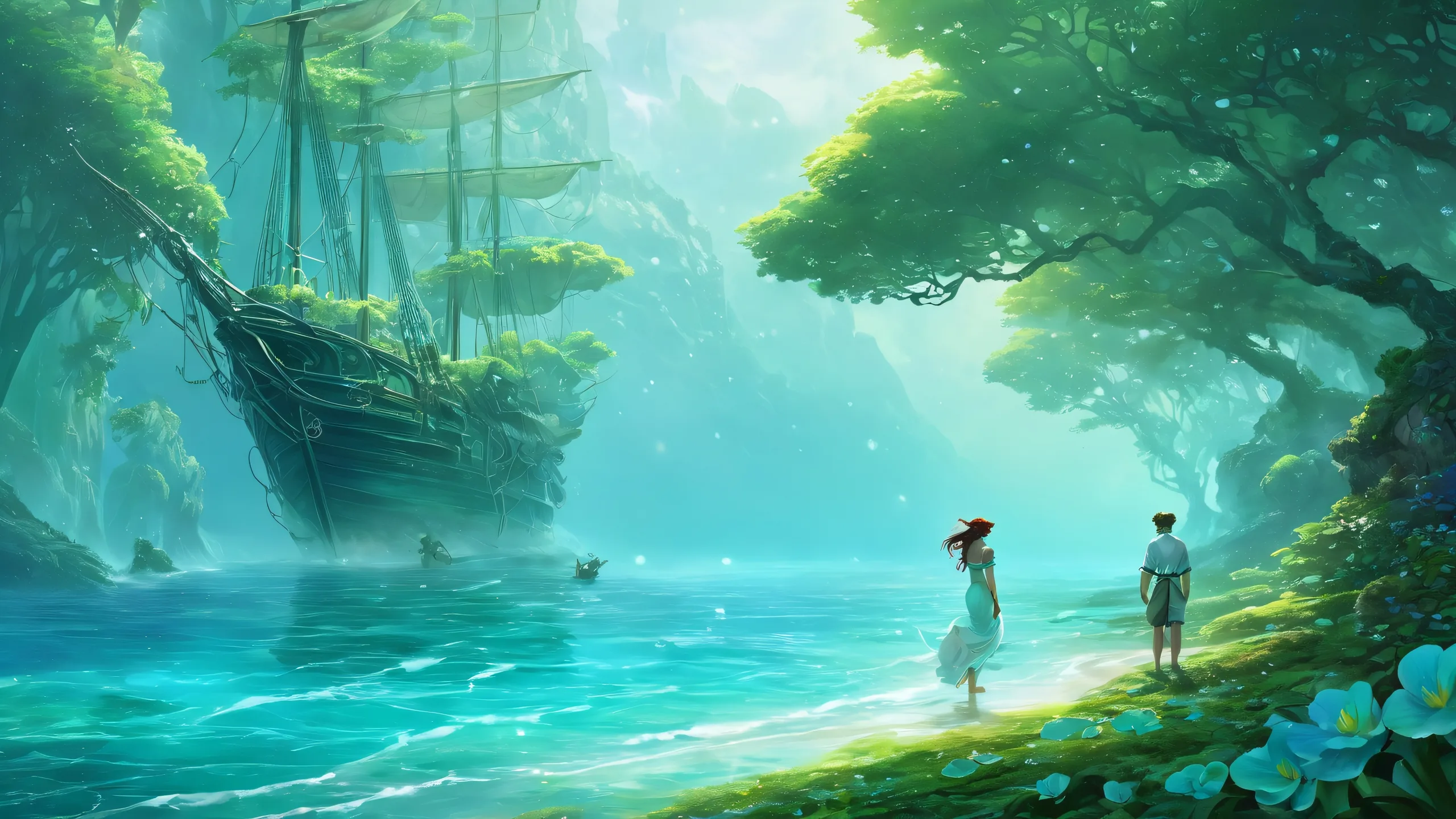 Ethereal Oceanic Odyssey 4K UHD Wallpaper Sailor and mermaid desktop wallpaper with pure void background, perfect for PC or Desktop.