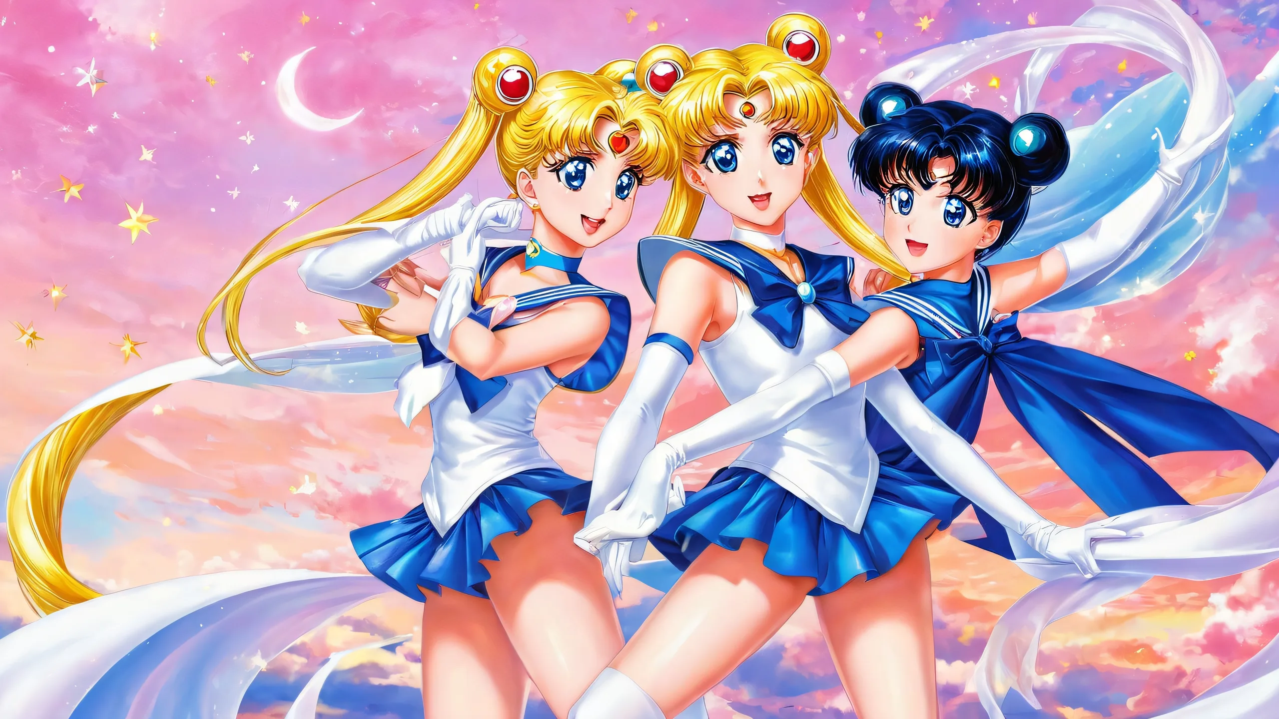A desktop wallpaper of Sailor Moon and Sailor Mercury in a vast pure void with deep depth of field, highlighting celestial beauty and whimsy, suitable for Desktop/PC
