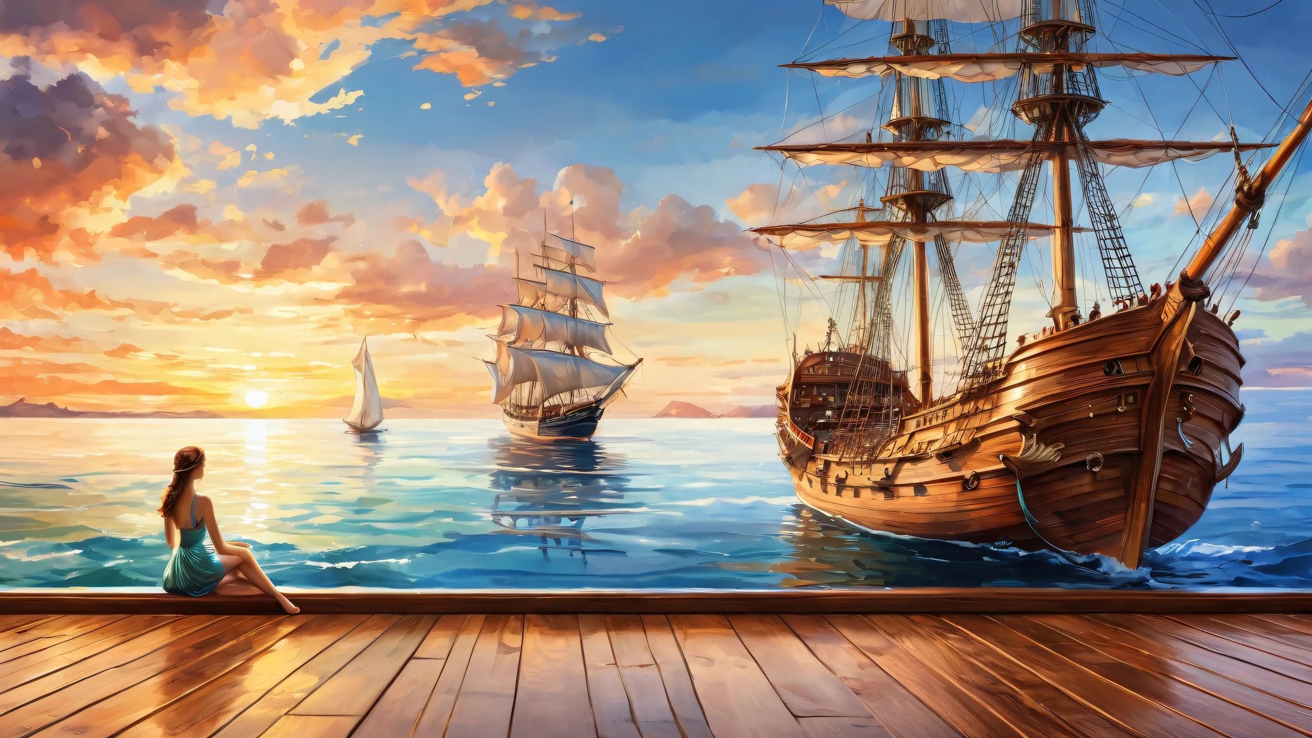 Sailor's Dream Voyage Aesthetic PC WallpaperPerfekt für Ihren Desktop/PC A serene and majestic desktop scene of a sailor and mermaid on a wooden ship deck set against a pure void, perfect for your Desktop/PC.