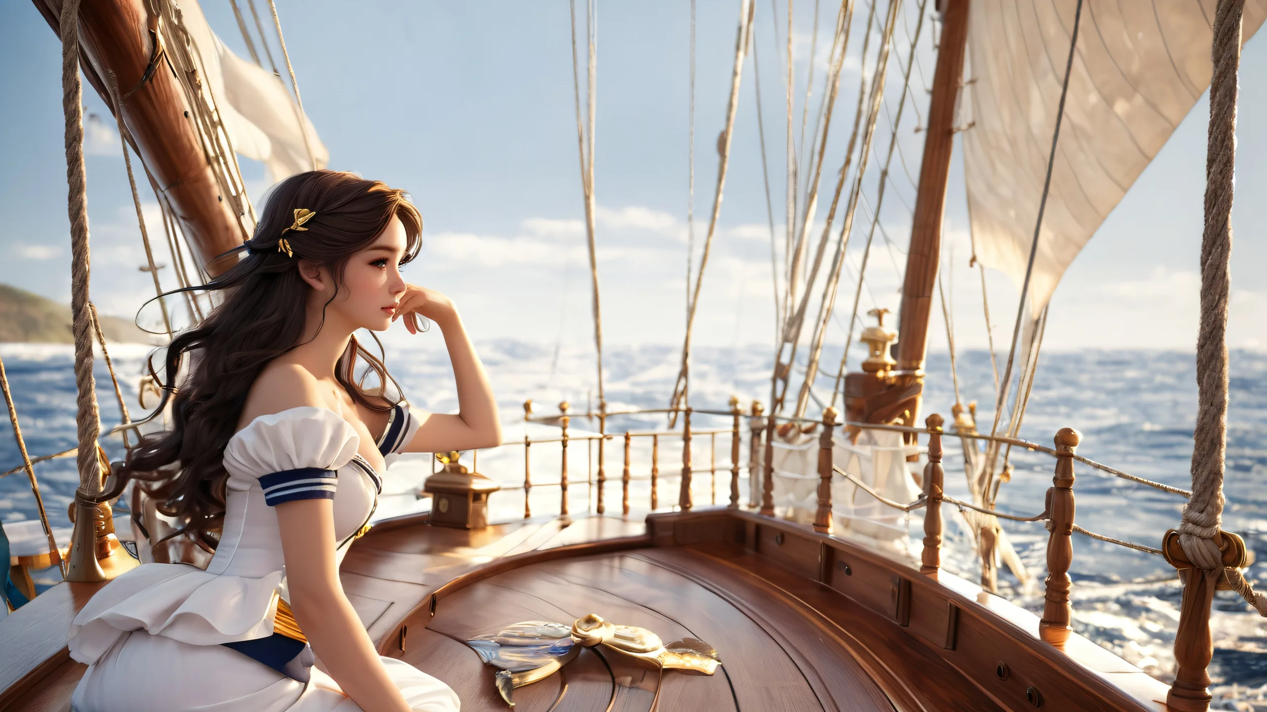 A breathtaking desktop wallpaper featuring a sailor and mermaid on a wooden deck ship against a vast, pure void with extreme depth of field, perfect for your Desktop/PC.
