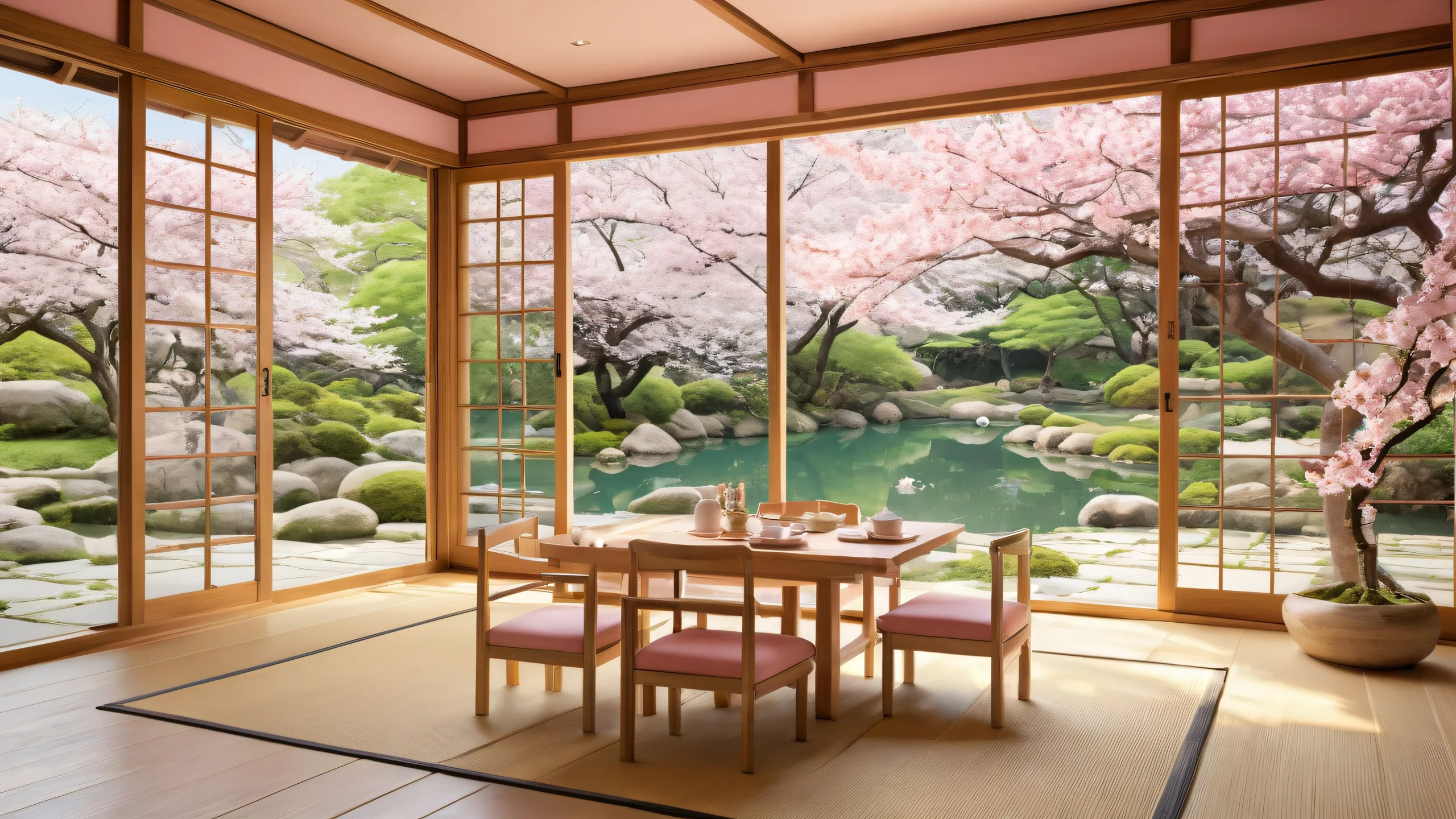 Rapunzel in a tatami room with shoji screens and garden views of a pond and blooming sakura trees, suitable for desktop/pc use.