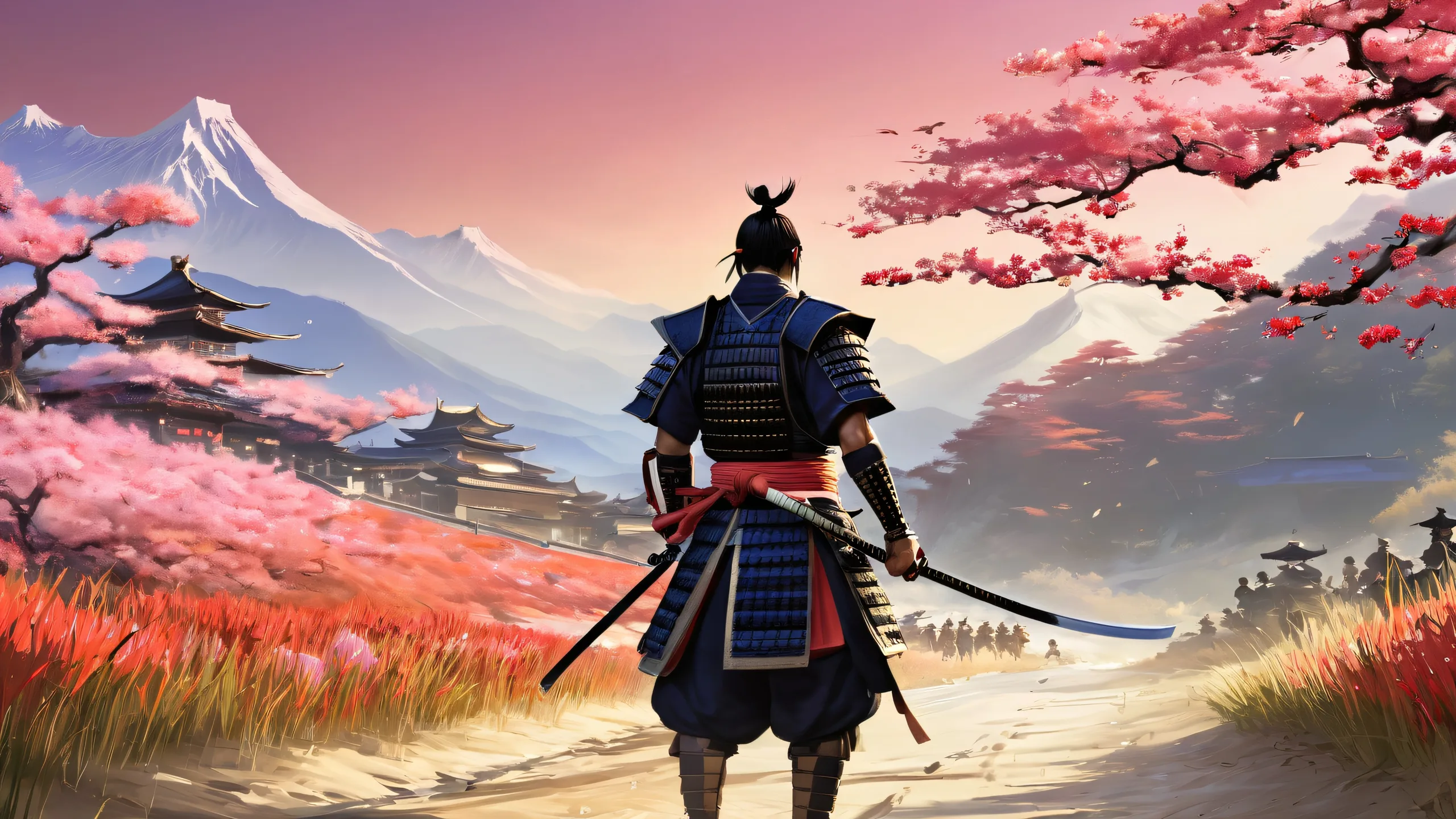 Award-winning digital art depicting a majestic samurai scene on a desktop or PC.