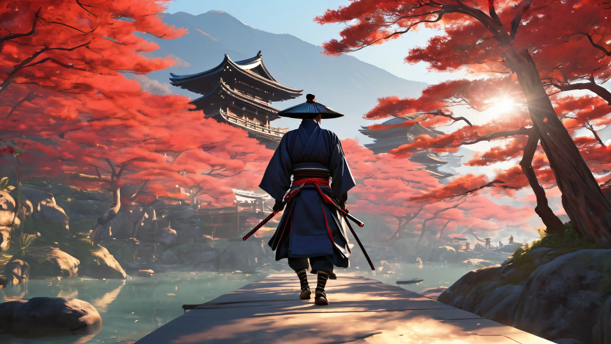 Breathtaking desktop wallpaper of samurai warriors set against a vast, pure void with deep depth of field and atmospheric lighting, suitable for Desktop/PC.