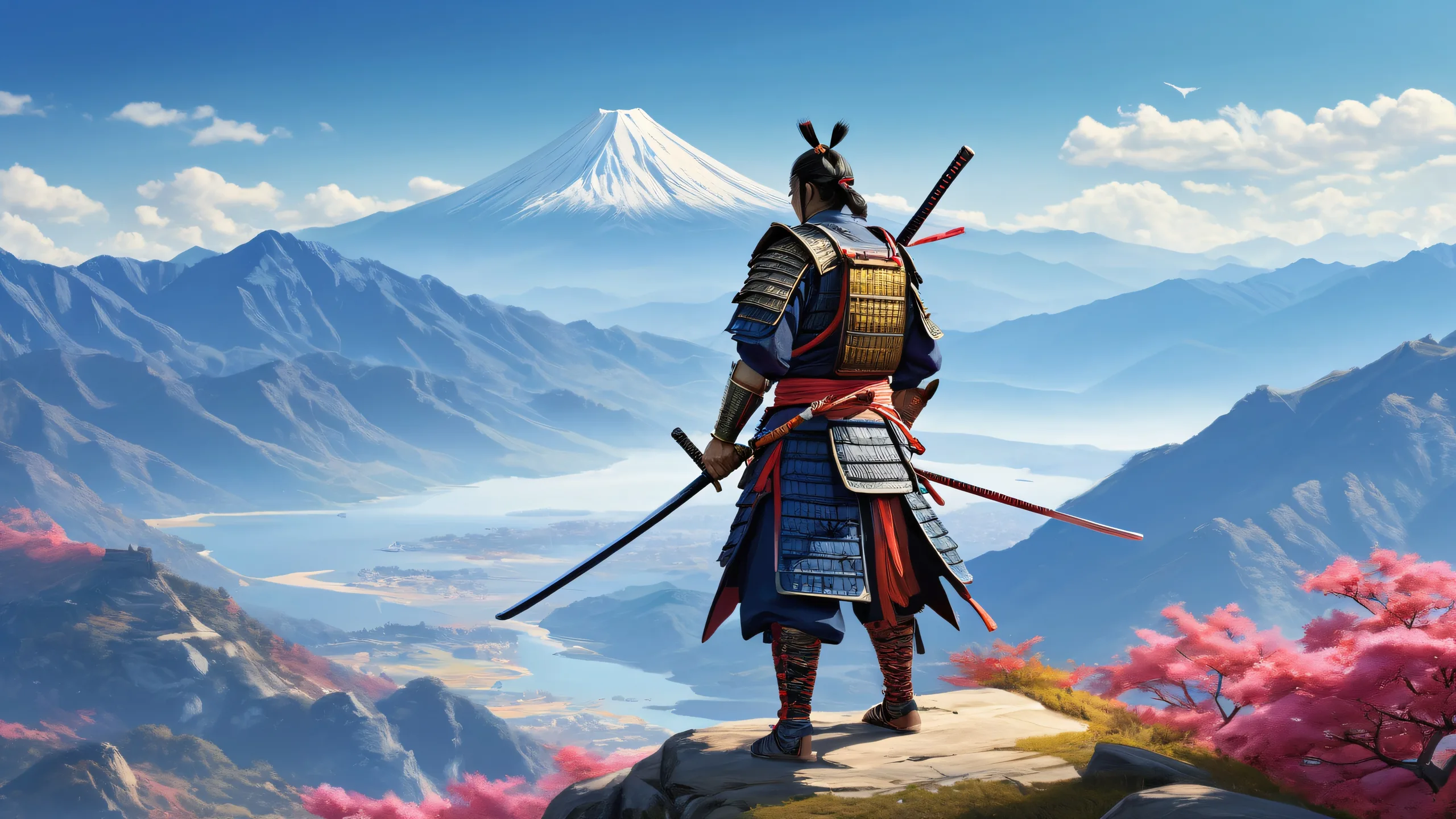 A majestic samurai warrior stands in a vast, pristine void against a brilliant blue sky with distant mountains, perfect for your desktop or PC.