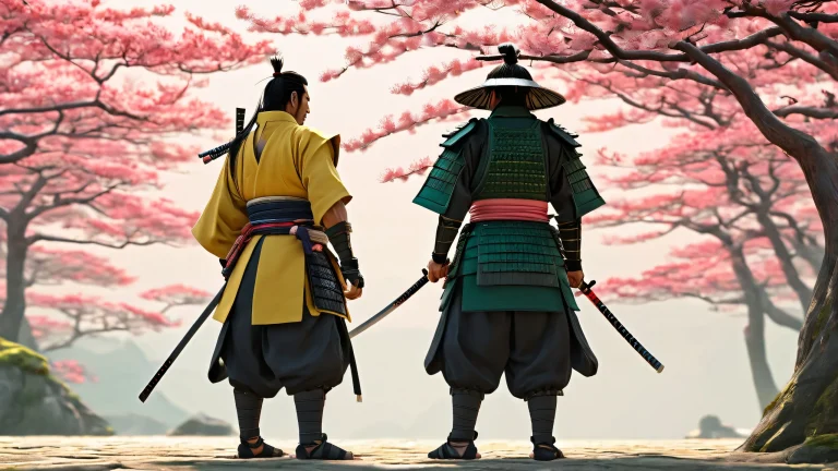 A standing samurai figure against a vast pure void background for desktop/PC use, with ethereal lighting and radiant colors.