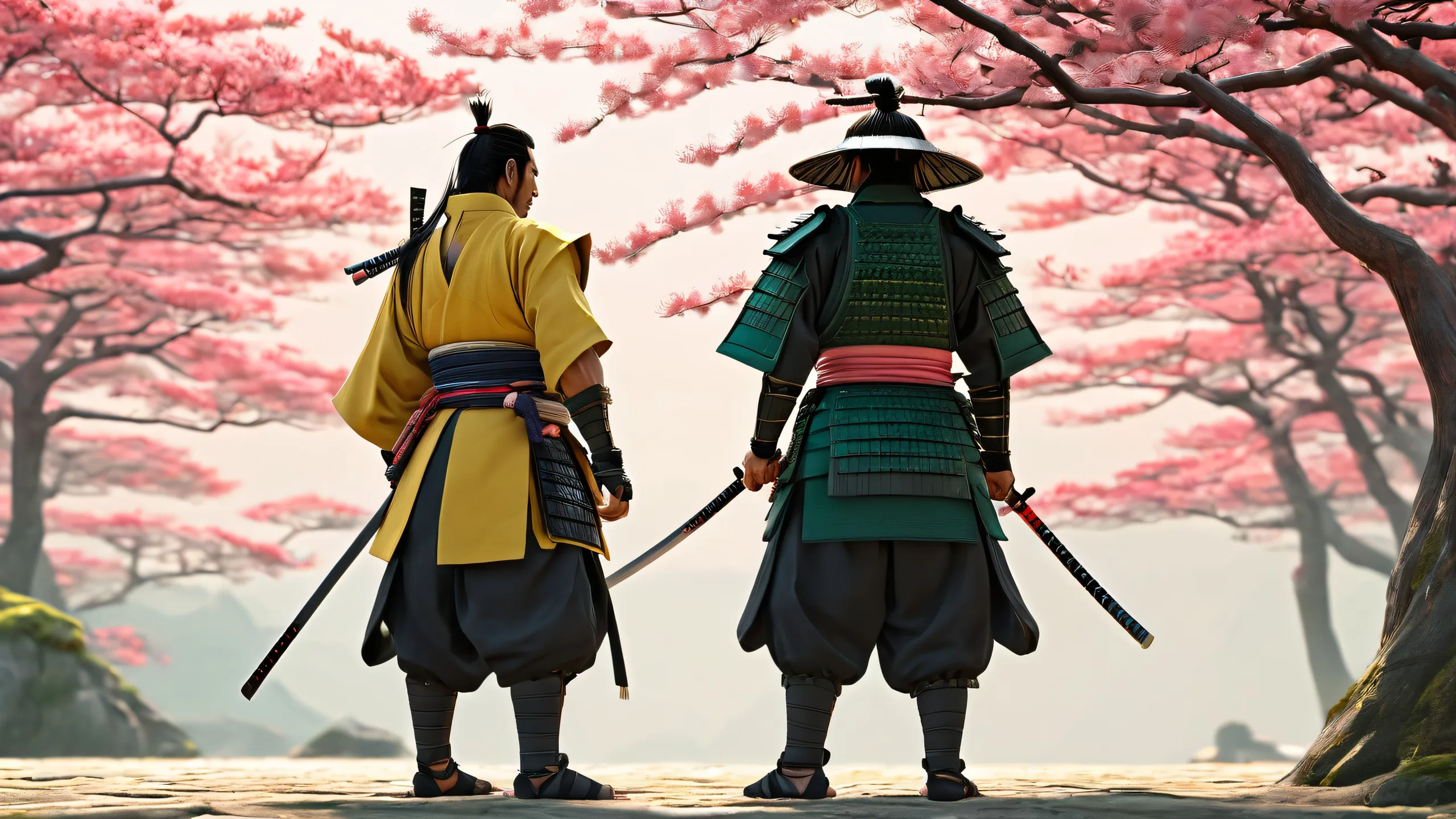 Ultra HD Ethereal Samurai Valor Wallpaper A standing samurai figure against a vast pure void background for desktop/PC use, with ethereal lighting and radiant colors.